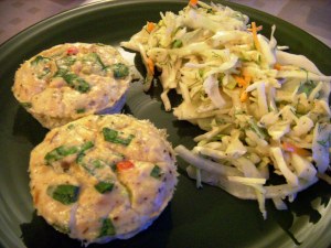 Two squat but flavorful tuna timbales accompanied by a fresh, crunchy fennel and cabbage slaw